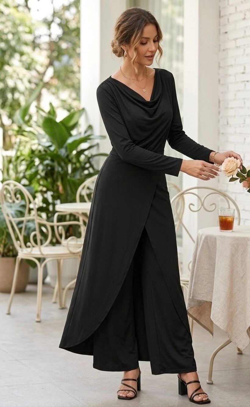 Women's Elegant Cowl Neck Long Sleeve Asymmetrical Patchwork Ruched Jumpsuit